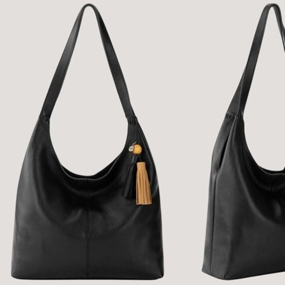 The Sak Huntley Leather Tote Black Tote Bag Tassel Accent Beige Interior Lining